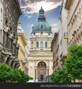 Saint Stephen`s Basilica. Zrinyi Utca street in Budapest. Hungary.