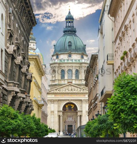 Saint Stephen`s Basilica. Zrinyi Utca street in Budapest. Hungary.