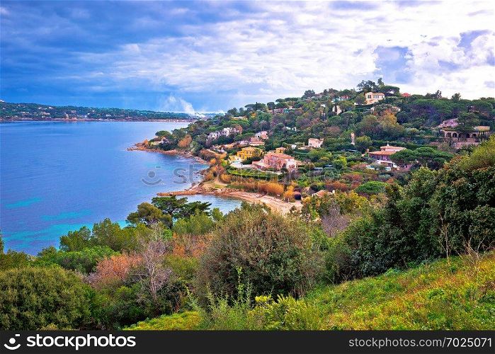 Saint Tropez luxurious coastline and green landscape view, famous tourist destination on French riviera, Alpes-Maritimes department in southern France