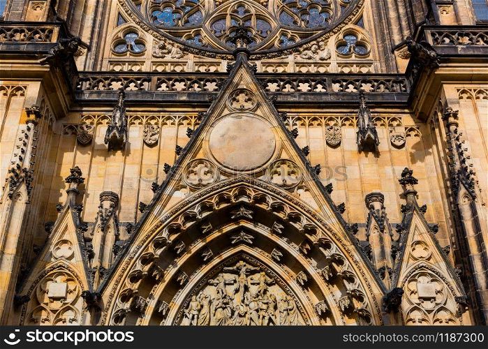 Saint Vitus Cathedral facade closeup view, Prague, Czech Republic. European town, famous place for travel and tourism