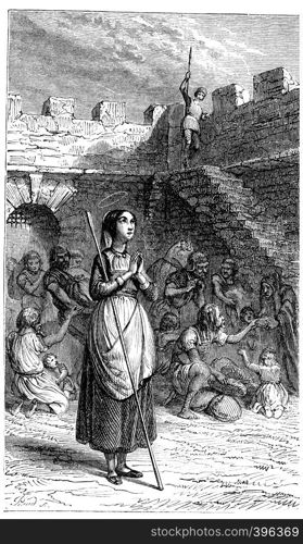 Sainte Genevieve rescues Parisian during the famine, vintage engraved illustration.