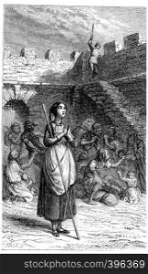 Sainte Genevieve rescues Parisian during the famine, vintage engraved illustration.