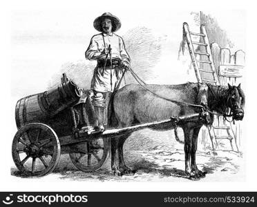 Sakadjiou or Walach water carrier, vintage engraved illustration. Magasin Pittoresque 1855.