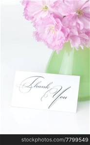 sakura flower in a vase and a card signed thank you isolated on white