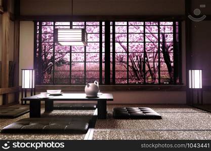 Sakura tree window view in Room interior with ,Zen style. 3D rendering