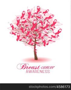 Sakura tree with breast cancer awareness ribbons. Vector.