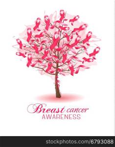 Sakura tree with breast cancer awareness ribbons. Vector.