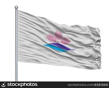 Sakuragawa City Flag On Flagpole, Country Japan, Ibaraki Prefecture, Isolated On White Background. Sakuragawa City Flag On Flagpole, Japan, Ibaraki Prefecture, Isolated On White Background