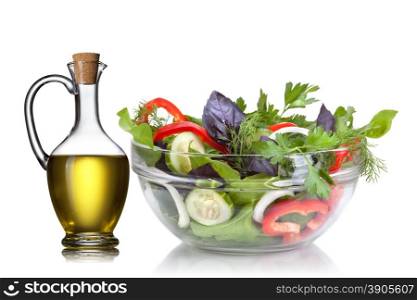 Salad and oil isolated on white