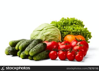 salad, cucumbers, cabbage and cherry tomatoes isolated on a white background