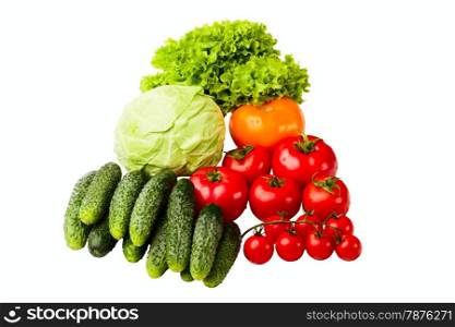 salad, cucumbers, cabbage and cherry tomatoes isolated on a white background