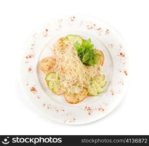 Salad dish with dried crust, vegetables, greens and cheese