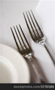 Salad fork and dinner fork with plate on white table cloth.