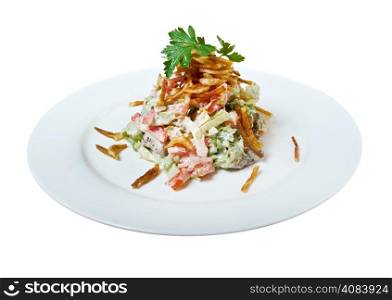 salad fried potatoes with vegetables and beef.isolated on white background.