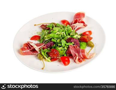Salad from eruca and bacon on a white background