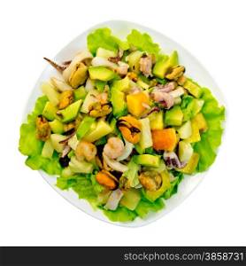 Salad from shrimps, octopus, mussels and calamari with avocado, lettuce, pineapple in plate isolated on white background top