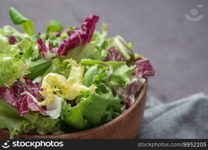 Salad mix leaves background. Fresh salad pattern with rucola, purple lettuce, spinach, frisee and chard leaf