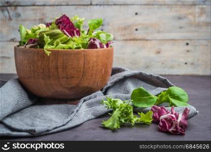 Salad mix with rucola. Fresh vegetable salad, healthy food, salad leaves. Dietary food concept. Vegetable background.