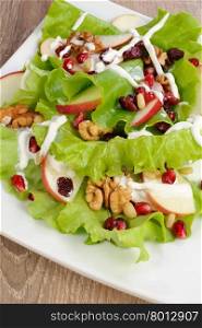 Salad of apples, cranberries , pomegranate, pine nuts and walnuts dressed with yogurt