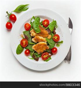 Salad of Arugula Fried Chicken Meat. AI Generative 