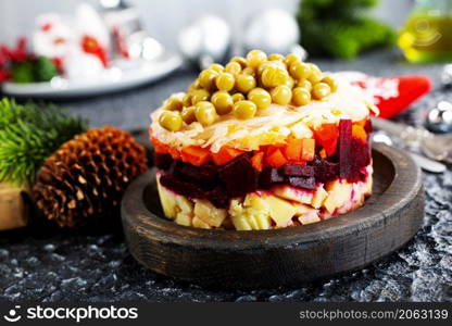 Salad of beets, carrots, potatoes, onions and green peas. Traditional Russian beetroot salad. Vegetarian vegetable salad.