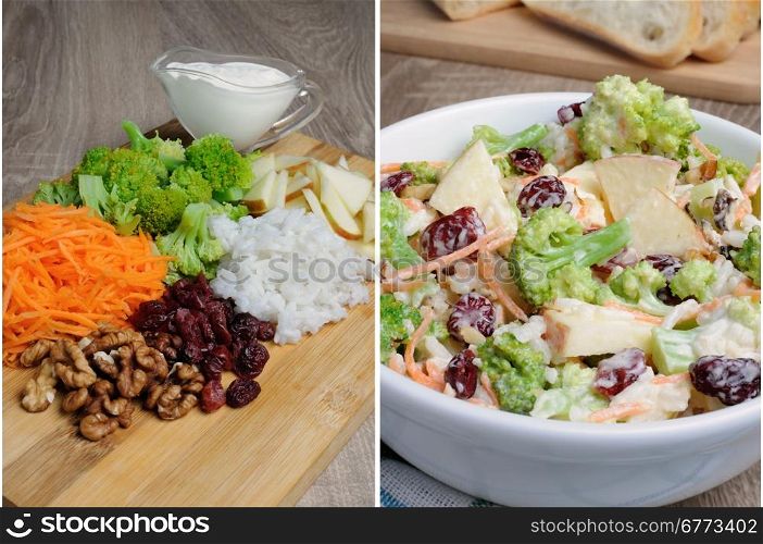 Salad of broccoli, carrots, apples, rice, cranberries and walnuts dressed with yogurt
