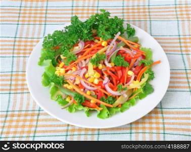 "salad of corn, peppers, carrots, tomatoes with "green beans""