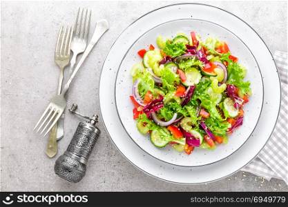 Salad of fresh cucumber, celery, sweet pepper, frize lettuce, red onion and sesame seeds with olive oil. Healthy vegetarian, vegan food. Italian cuisine