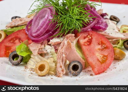 Salad of lettuce, tomato, chicken meat, olive, greens, onion