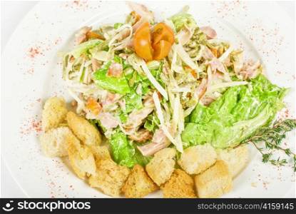 salad of meat, vegetable and dried crust dish close up on a white background