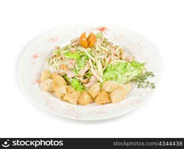 salad of meat, vegetable and dried crust dish on a white background
