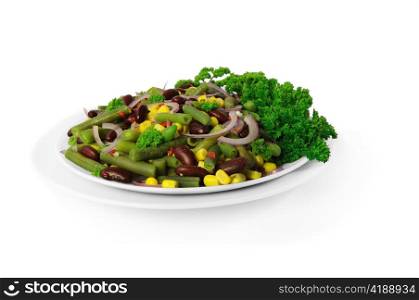 Salad of pods and red beans, corn, chili, onions, greens