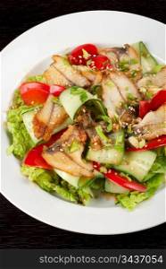 Salad of smoked eel, lettuce,Chinese cabbage and vegetables