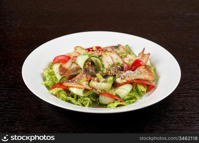 Salad of smoked eel, lettuce,Chinese cabbage and vegetables