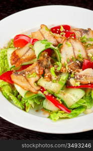 Salad of smoked eel, lettuce,Chinese cabbage and vegetables