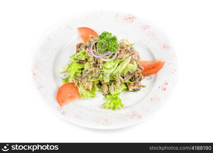 Salad of squid with roast chicken meat, apples, tomatoes, eggs and peppers