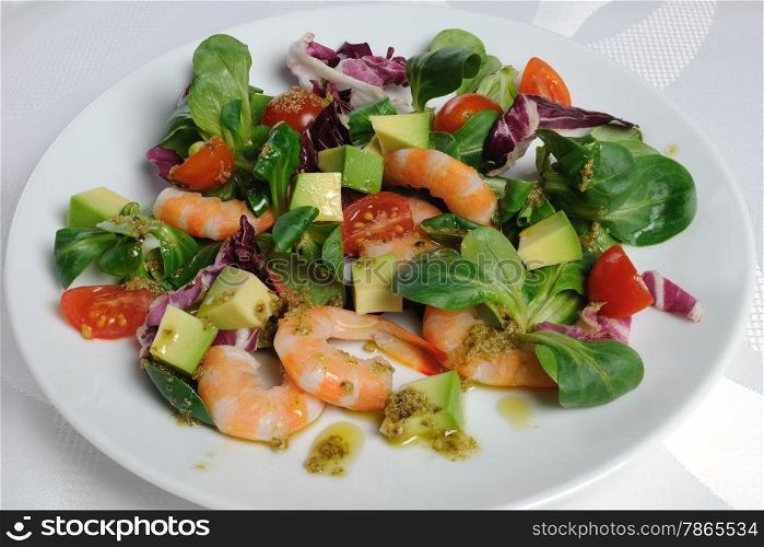 Salad of watercress, cherry tomato and avocado with prawns