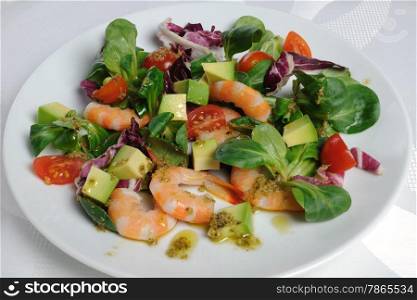 Salad of watercress, cherry tomato and avocado with prawns