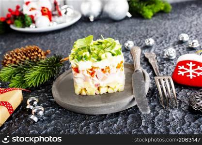 Salad Olivier. Russian traditional salad. salad with chicken and vegetables