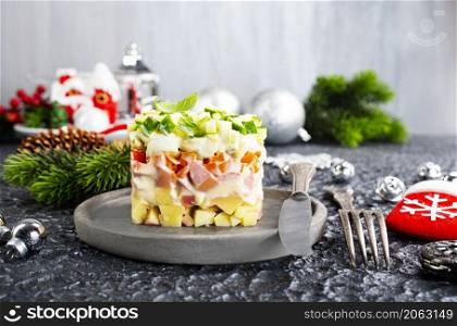 Salad Olivier. Russian traditional salad. salad with chicken and vegetables