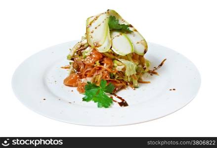 Salad - smoked salmon,zucchini with vegetables.isolated on white background.