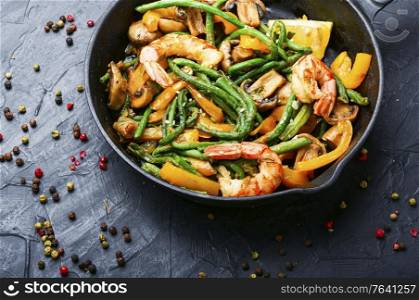 Salad with atlantic shrimps and asparagus beans.Healthy salad plate. Prawn with asparagus beans