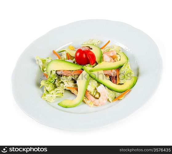 Salad with avocado and prawns on a white background