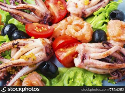 Salad with calamari, salmon and vegetables.Seafood concept. Salad with squid and seafood