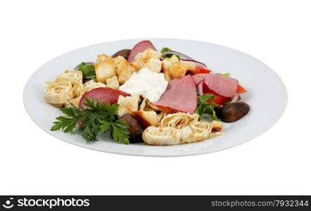 Salad with crackers, beef and mushrooms on an isolated background
