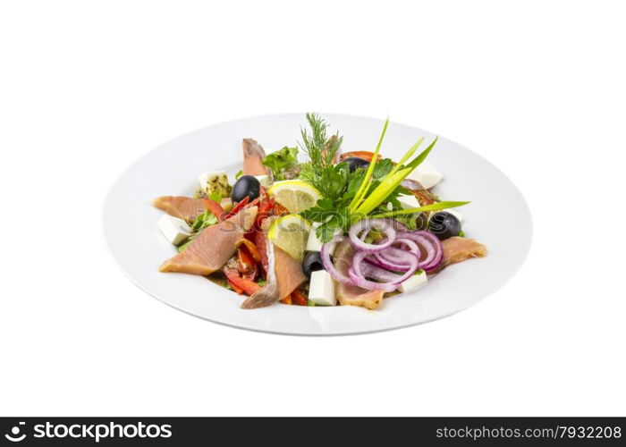 Salad with fish,olives pepper and fresh vegetables on an isolated background