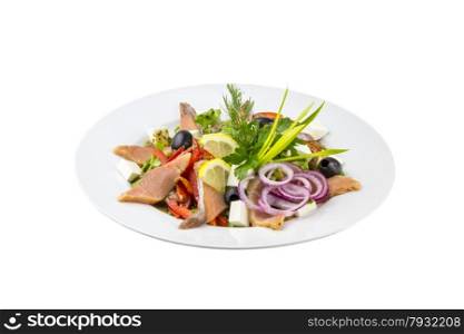 Salad with fish,olives pepper and fresh vegetables on an isolated background
