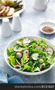 Salad with fresh green lettuce, radish and cucumber