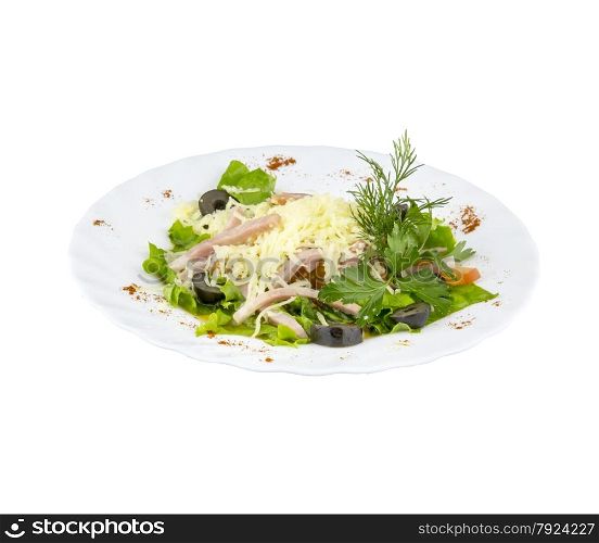 Salad with fresh herbs, meat and olives on an isolated background