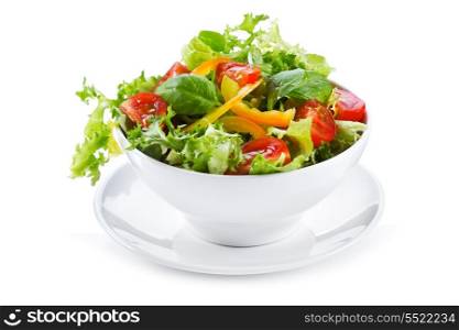 salad with fresh vegetables and greens on white background